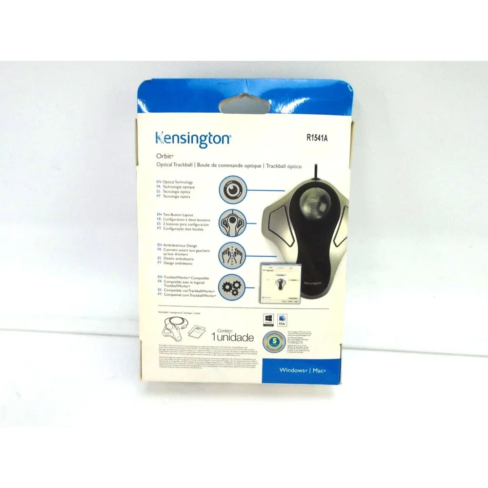 Kensington Orbit Optical Trackball Wired Mouse USB Silver Black NIB Sealed